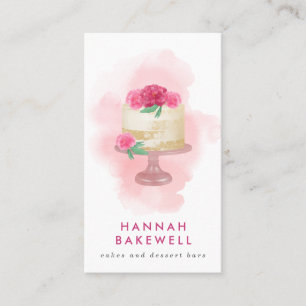 Moderne roze Waterverf Cake and Flowers Visitekaartje