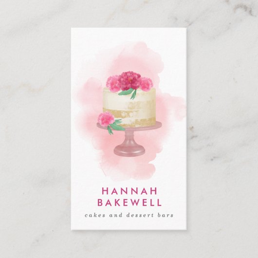 Moderne roze Waterverf Cake and Flowers Visitekaartje (Voorkant)