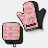 Moderne roze Waterverf doneert patroon met naam Ovenwant & Pannenlap Set (Voorkant / Achterkant)