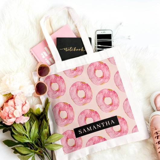 Moderne roze Waterverf doneert patroon met naam Tote Bag