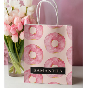 Moderne Roze Waterverf Donuts Patroon Met Naam Groot Cadeauzakje