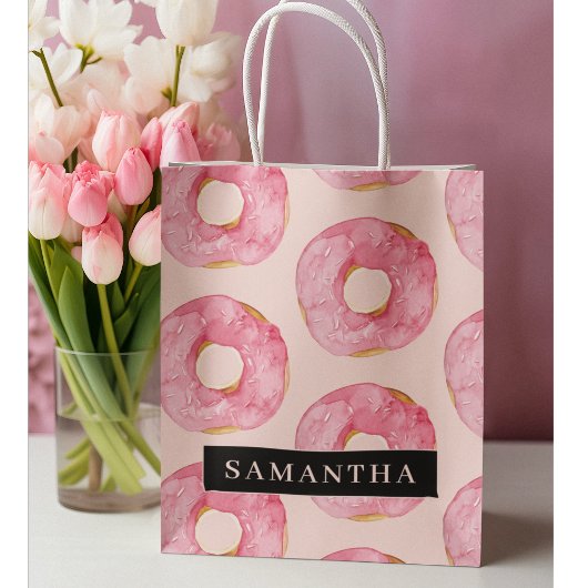 Moderne Roze Waterverf Donuts Patroon Met Naam Groot Cadeauzakje