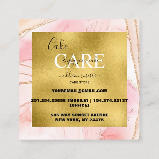 Moderne roze Waterverf en Gold Foil Cake Care Vierkante Visitekaartje (Achterkant)