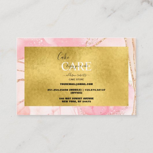 Moderne roze Waterverf en Gold Foil Cake Care Visitekaartje (Achterkant)