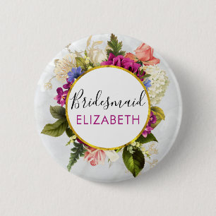 Moderne roze Waterverf Floral Bouquet Bridesmaid Ronde Button 5,7 Cm
