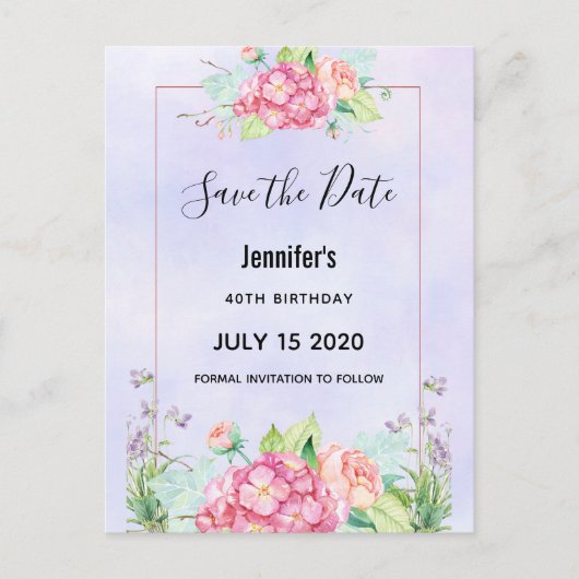 Moderne roze Waterverf Floral Bunch sparen de Datu Uitnodiging Briefkaart (Voorkant)