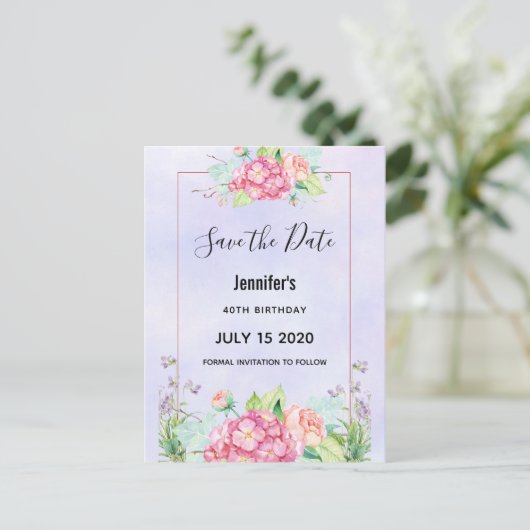 Moderne roze Waterverf Floral Bunch sparen de Datu Uitnodiging Briefkaart (Staand voorkant)