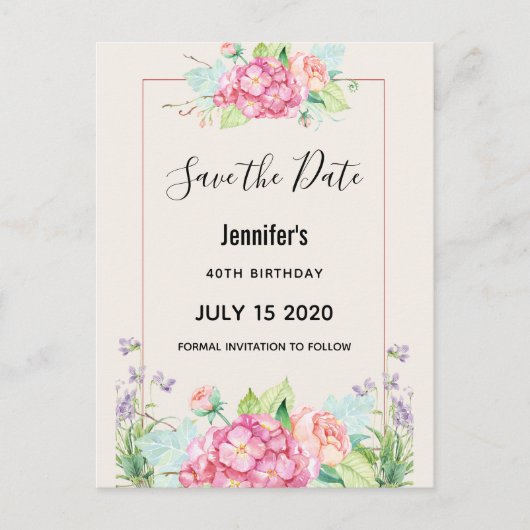 Moderne roze Waterverf Floral Bunch sparen de Datu Uitnodiging Briefkaart (Voorkant)