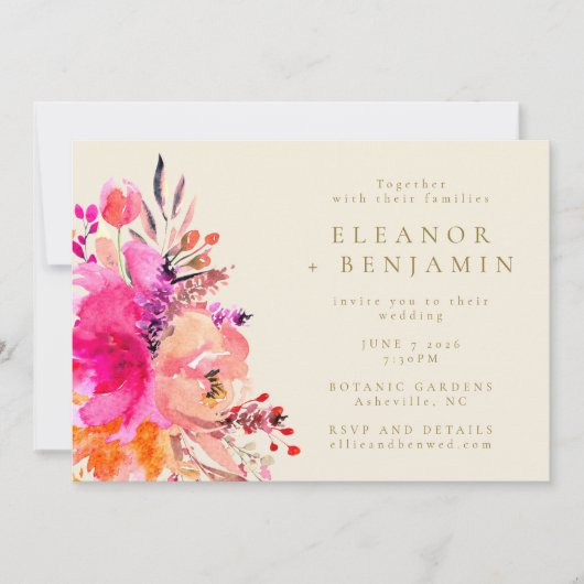 Moderne roze Waterverf Floral legant Wedding Kaart (Voorkant)