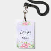 Moderne roze Waterverf Floral Lijst Badge (Achterkant met lanyard)