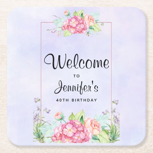 Moderne roze Waterverf Floral Lijst Birthday Kartonnen Onderzetters (Voorkant)