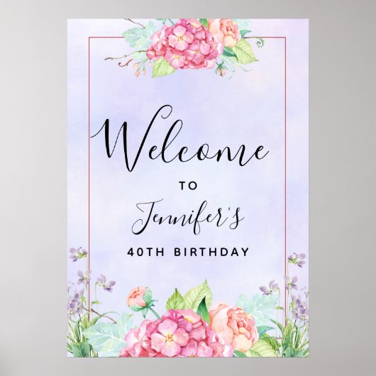 Moderne roze Waterverf Floral Lijst Birthday Poster (Voorkant)