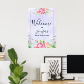 Moderne roze Waterverf Floral Lijst Birthday Poster (Thuiskantoor)