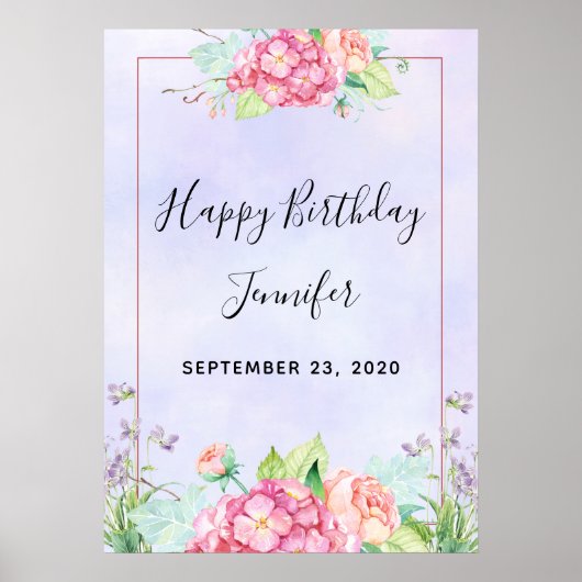 Moderne roze Waterverf Floral Lijst Birthday Poster (Voorkant)