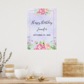 Moderne roze Waterverf Floral Lijst Birthday Poster (Keuken)