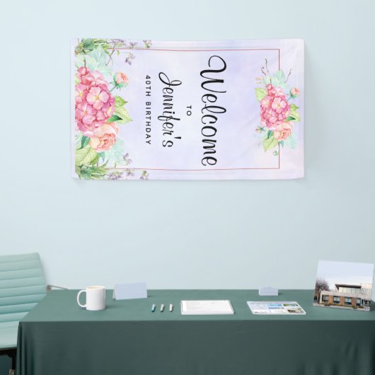 Moderne roze Waterverf Floral Lijst Birthday Spandoek (Beurs)