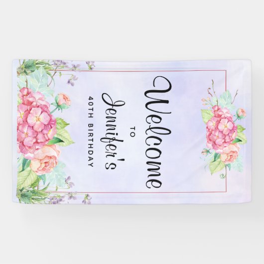 Moderne roze Waterverf Floral Lijst Birthday Spandoek (Horizontaal)