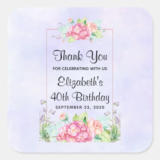Moderne roze Waterverf Floral Lijst Birthday Vierkante Sticker (Voorkant)