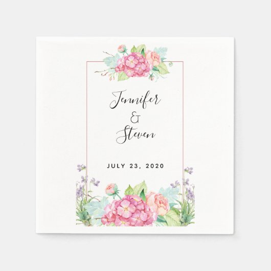 Moderne roze Waterverf Floral Lijst bruiloft Servet (Voorkant)