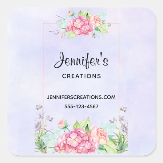 Moderne roze Waterverf Floral Lijst Business Vierkante Sticker (Voorkant)