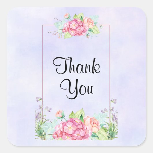 Moderne roze Waterverf Floral Lijst Dank u wel Vierkante Sticker (Voorkant)