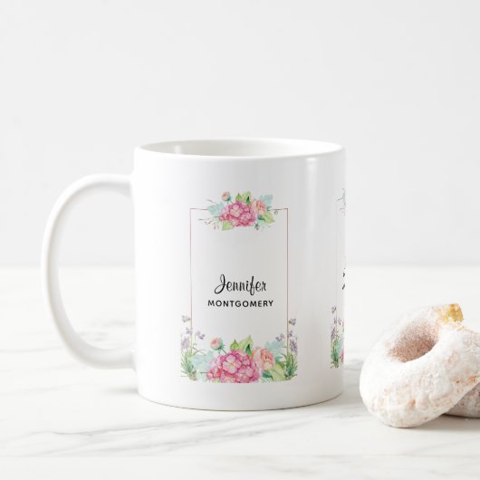 Moderne roze Waterverf Floral Lijst Koffiemok (Met donut)