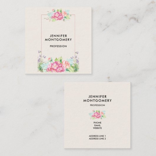 Moderne roze Waterverf Floral Lijst Vierkante Visitekaartje (Voorkant / Achterkant)