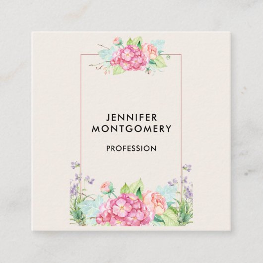 Moderne roze Waterverf Floral Lijst Vierkante Visitekaartje (Voorkant)