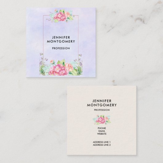 Moderne roze Waterverf Floral Lijst Vierkante Visitekaartje (Voorkant / Achterkant)