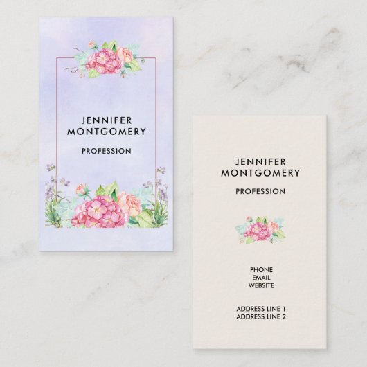 Moderne roze Waterverf Floral Lijst Visitekaartje (Voorkant / Achterkant)