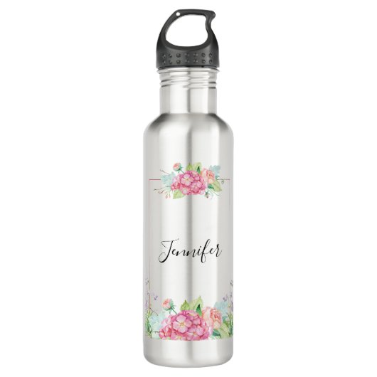 Moderne roze Waterverf Floral Lijst Waterfles (Voorkant)