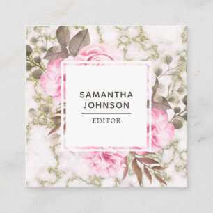 Moderne roze Waterverf Floral Marble Gold Vierkante Visitekaartje