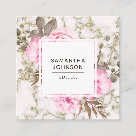 Moderne roze Waterverf Floral Marble Gold Vierkante Visitekaartje (Voorkant)