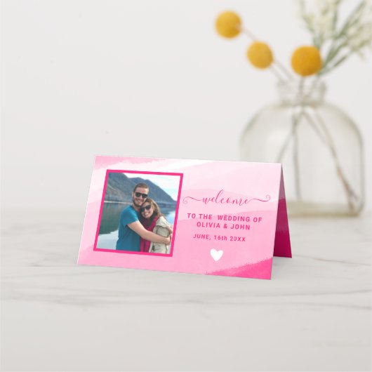 Moderne roze Waterverf foto bruiloft gevouwen Plaatskaartje (Voorkant)