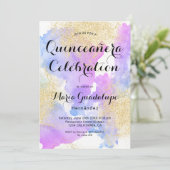 Moderne roze waterverf gouden glitter Quinceanera Kaart (Staand voorkant)