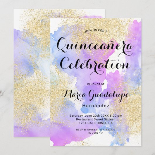 Moderne roze waterverf gouden glitter Quinceanera Kaart (Voorkant / Achterkant)