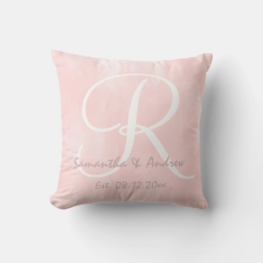 Moderne roze waterverf monogram bruiloft kussen (Voorkant)