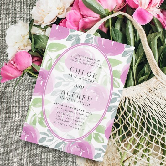 Moderne Roze Waterverf Roos Bloemen Huwelijk Kaart