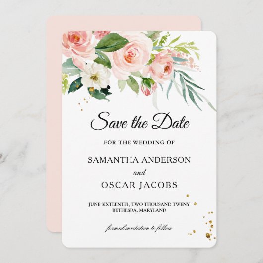 Moderne roze Waterverf schoonheidsbloemen en blade Save The Date (Voorkant / Achterkant)