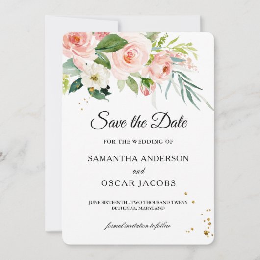 Moderne roze Waterverf schoonheidsbloemen en blade Save The Date (Voorkant)