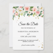 Moderne roze Waterverf schoonheidsbloemen en goude Save The Date (Voorkant)