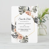 Moderne roze Waterverf schoonheidsbloemen en goude Save The Date (Staand voorkant)