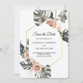 Moderne roze Waterverf schoonheidsbloemen en goude Save The Date (Voorkant)