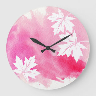 Moderne, roze waterverf splash and maple leaves grote klok