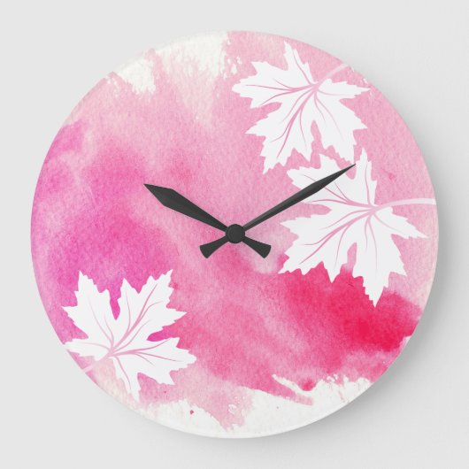 Moderne, roze waterverf splash and maple leaves grote klok (Voorkant)