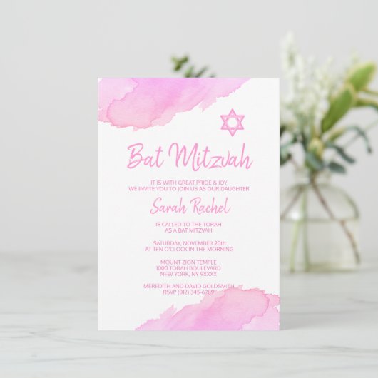 Moderne ROZE Waterverf Star van David BAT MITZVAH Kaart (Staand voorkant)