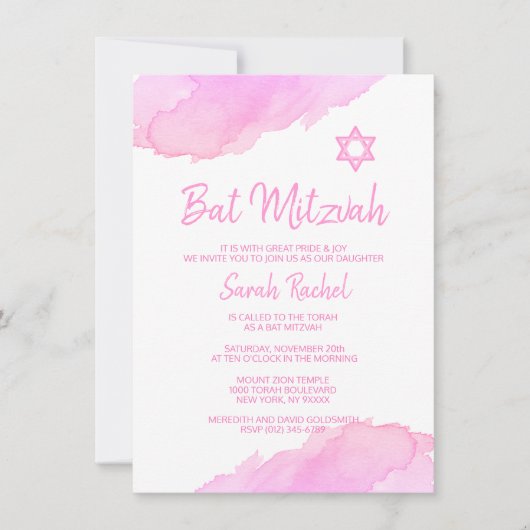 Moderne ROZE Waterverf Star van David BAT MITZVAH Kaart (Voorkant)