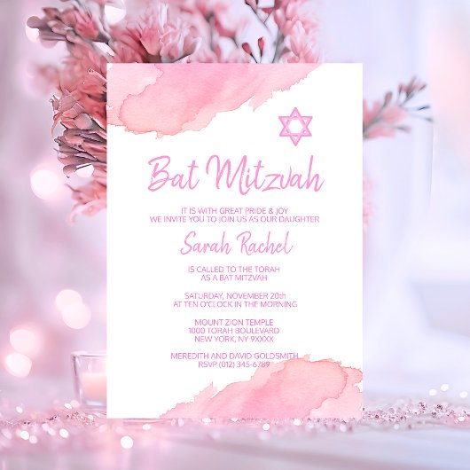 Moderne ROZE Waterverf Star van David BAT MITZVAH Kaart