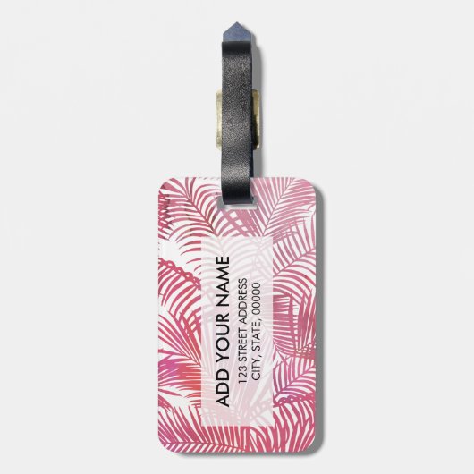 Moderne roze waterverf tropische palmboom florale bagagelabel (Achterkant verticaal)