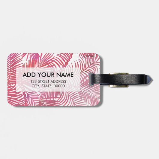 Moderne roze waterverf tropische palmboom florale bagagelabel (Achterkant horizontaal)